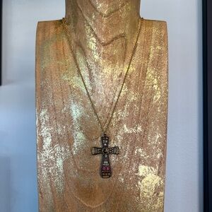 Goldstone and beaded crystals Cross Pendant Necklace